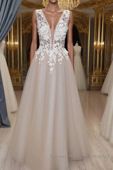 A Line V Neck Long Champagne Lace Wedding Dresses, Champagne Lace Long Formal Semi Formal Prom Dresses